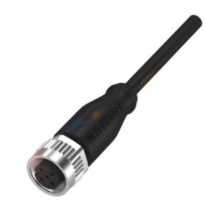 Conector M12x1 (5 polos, A-coded) con 10 m de cable PUR (4x0.34 mm²) apto para cadenas de arrastre, operando a 250V/4A y