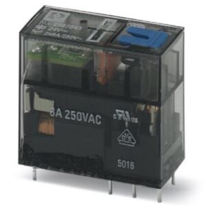 Relé miniatura enchufable, con contacto de potencia, 2 contactos conmutados, tecla de comprobación, indicación mecánica