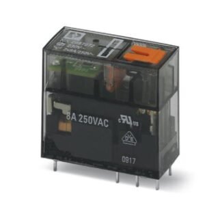 Relé miniatura enchufable, con contacto de potencia, 2 contactos conmutados, tecla de comprobación, indicación mecánica